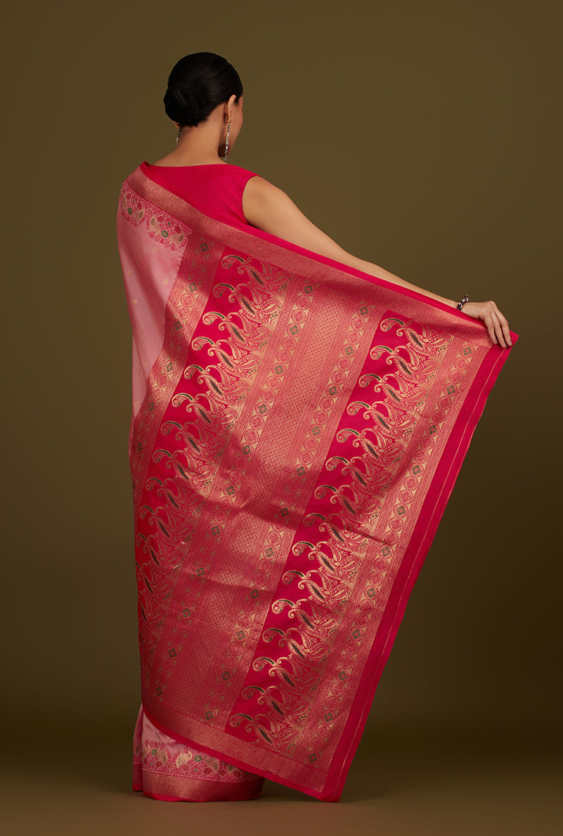 Monjolika Fashion Light Pink Banarasi Silk Blend SareeIn Classic Paisley & Rich Zari Pallu Comes With Unstitched Blouse | Swadesiicart