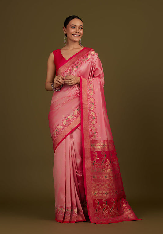 Monjolika Fashion Light Pink Banarasi Silk Blend SareeIn Classic Paisley & Rich Zari Pallu Comes With Unstitched Blouse | Swadesiicart