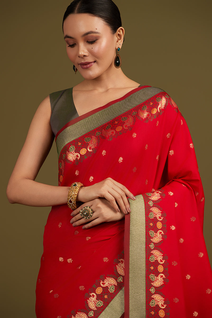 Monjolika Fashion Red Banarasi Silk Blend SareeIn Classic Paisley & Rich Zari Pallu Comes With Unstitched Blouse | Swadesiicart