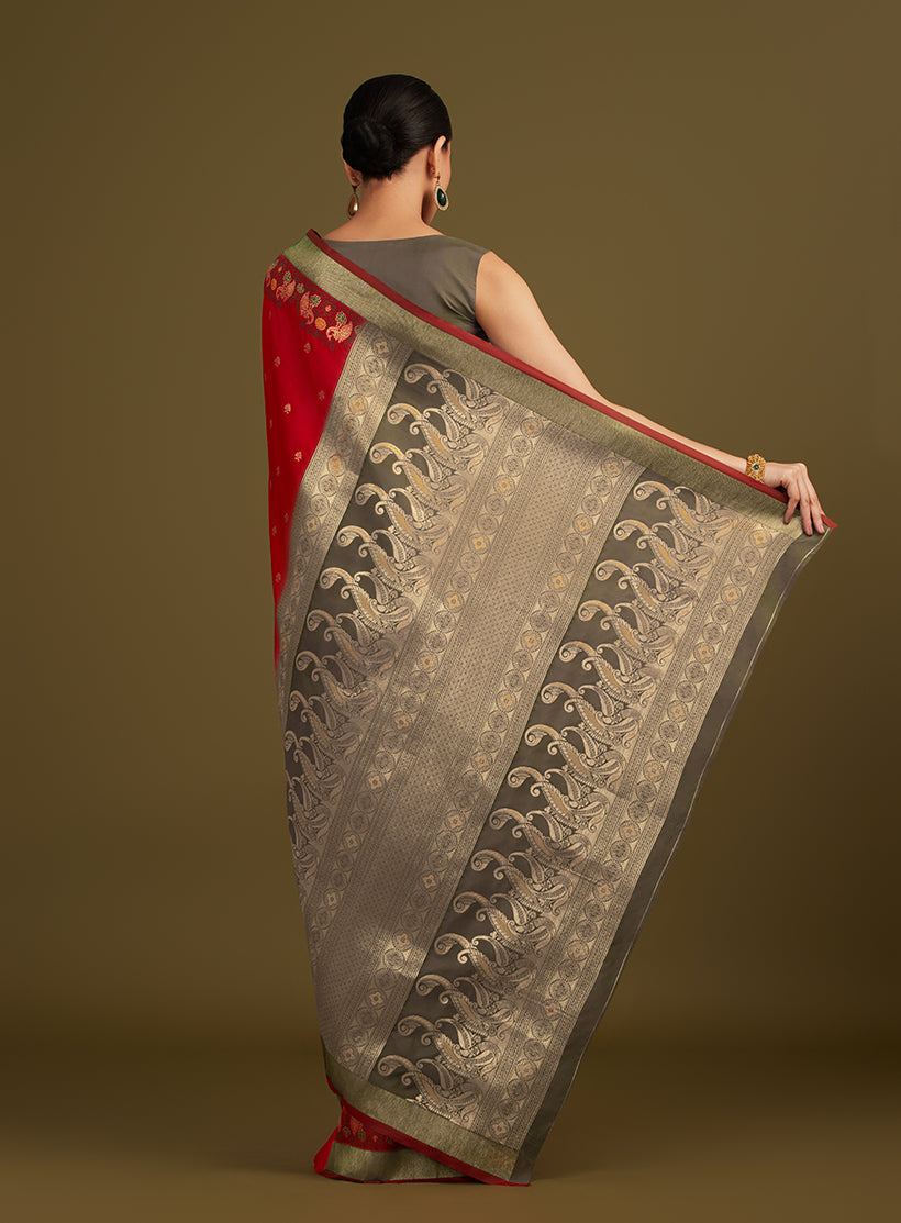 Monjolika Fashion Red Banarasi Silk Blend SareeIn Classic Paisley & Rich Zari Pallu Comes With Unstitched Blouse | Swadesiicart