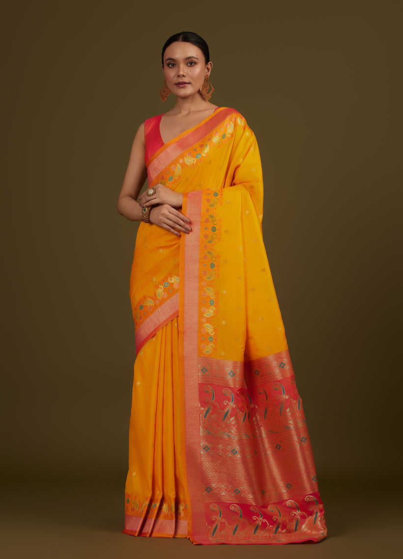 Monjolika Fashion Yellow Banarasi Silk Blend SareeIn Classic Paisley & Rich Zari Pallu Comes With Unstitched Blouse | Swadesiicart