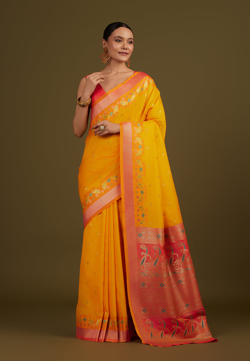 Monjolika Fashion Yellow Banarasi Silk Blend SareeIn Classic Paisley & Rich Zari Pallu Comes With Unstitched Blouse | Swadesiicart
