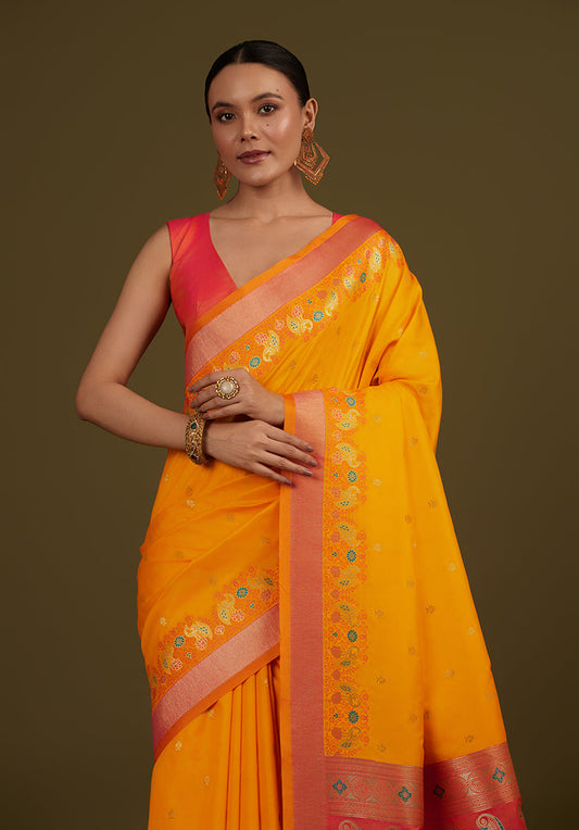 Monjolika Fashion Yellow Banarasi Silk Blend SareeIn Classic Paisley & Rich Zari Pallu Comes With Unstitched Blouse | Swadesiicart