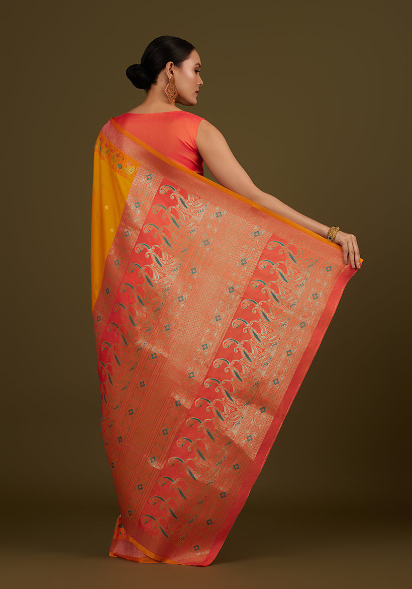 Monjolika Fashion Yellow Banarasi Silk Blend SareeIn Classic Paisley & Rich Zari Pallu Comes With Unstitched Blouse | Swadesiicart