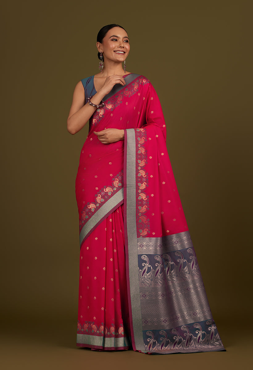 Monjolika Fashion Pink Banarasi Silk Blend SareeIn Classic Paisley & Rich Zari Pallu Comes With Unstitched Blouse | Swadesiicart