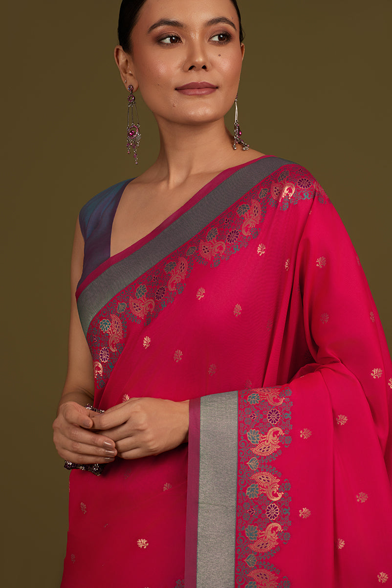 Monjolika Fashion Pink Banarasi Silk Blend SareeIn Classic Paisley & Rich Zari Pallu Comes With Unstitched Blouse | Swadesiicart