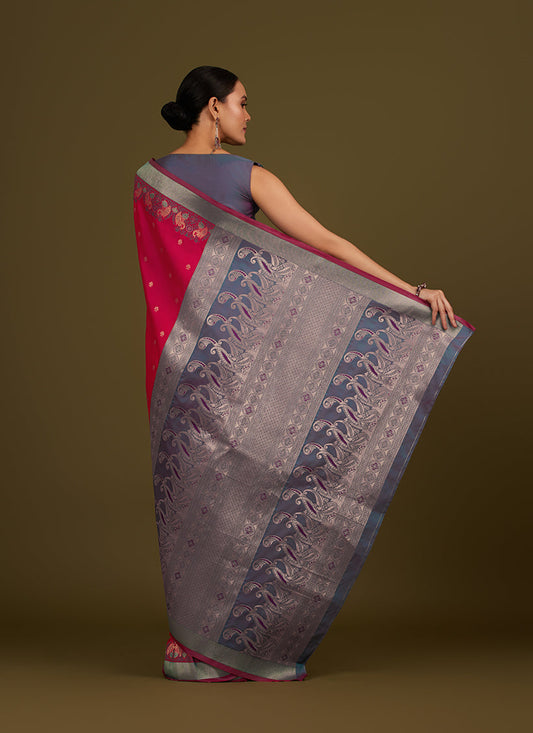 Monjolika Fashion Pink Banarasi Silk Blend SareeIn Classic Paisley & Rich Zari Pallu Comes With Unstitched Blouse | Swadesiicart