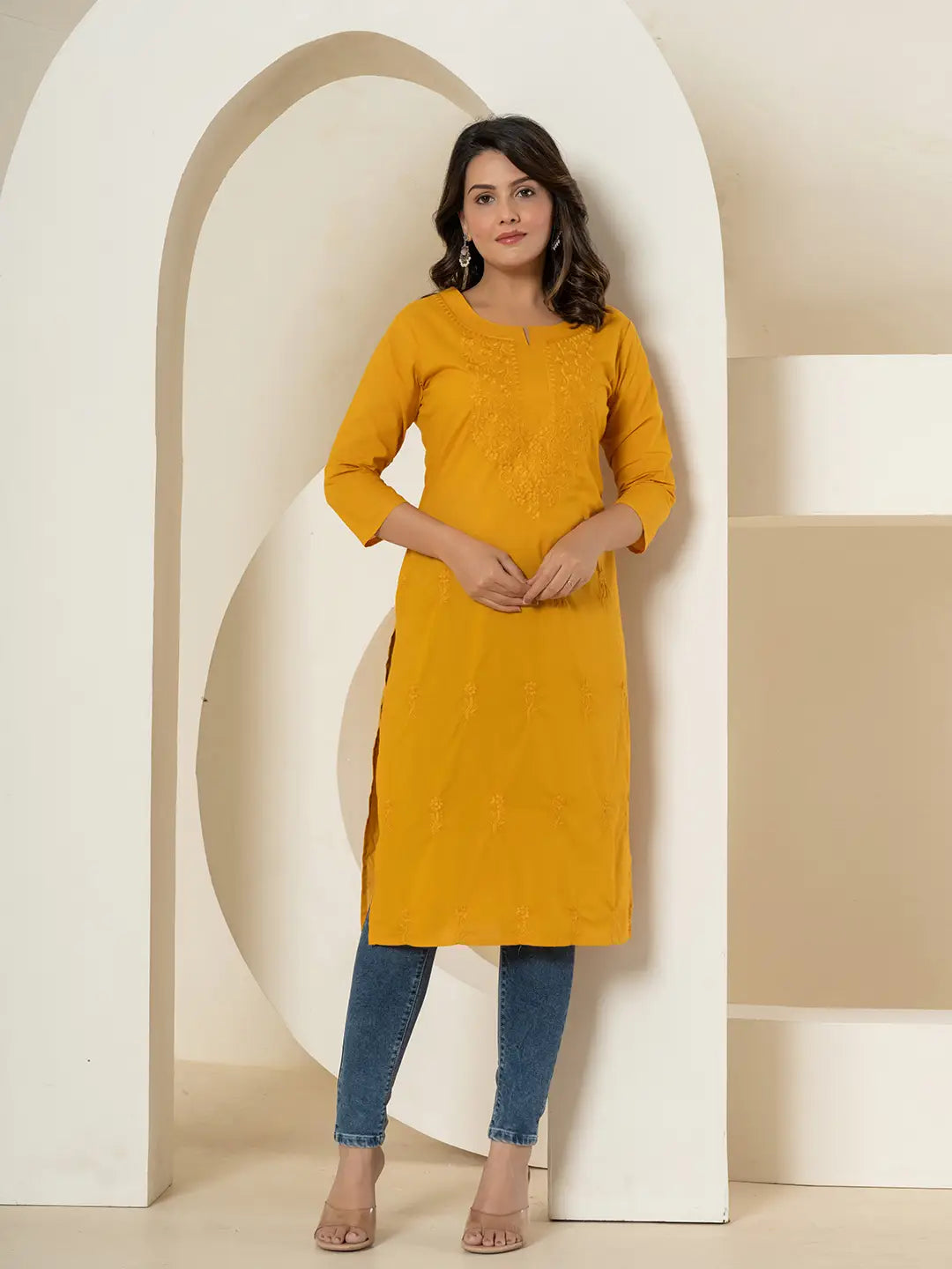 Yufta Women Mustard Chikankari Straight Kurta - Swadesiicart