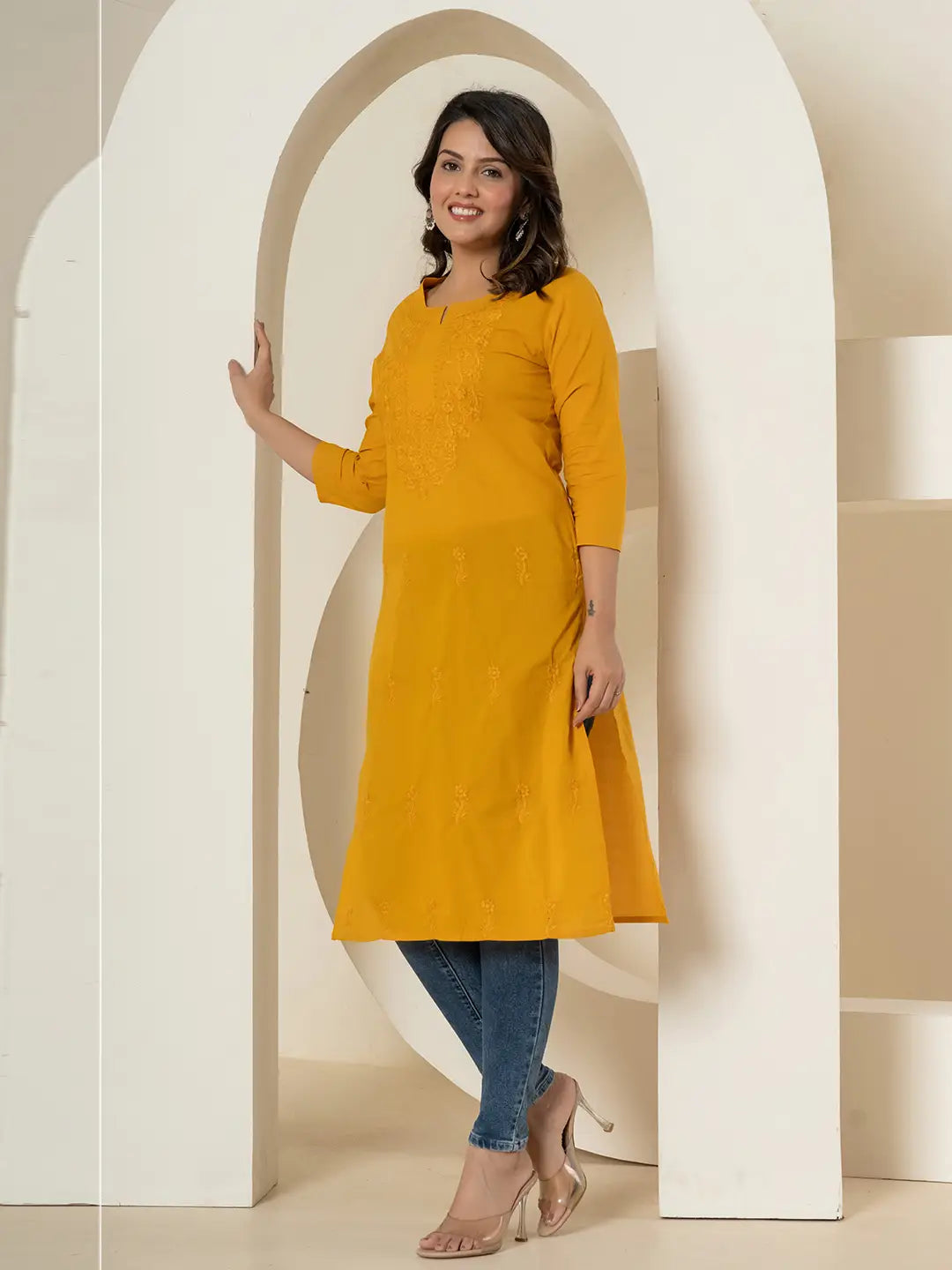Yufta Women Mustard Chikankari Straight Kurta - Swadesiicart