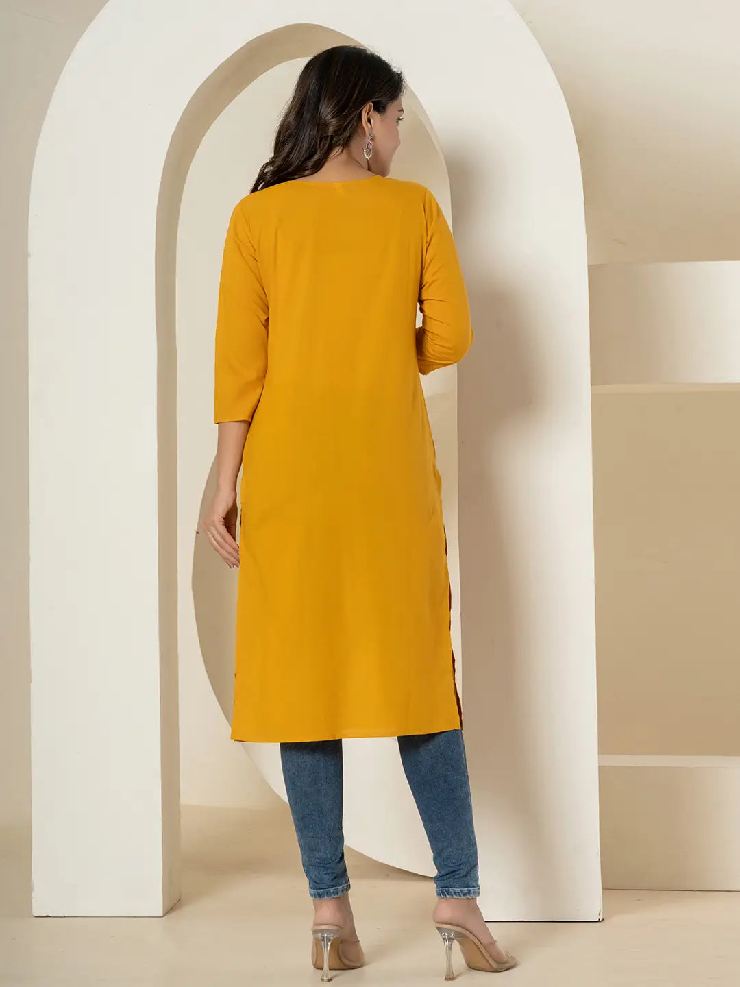 Yufta Women Mustard Chikankari Straight Kurta - Swadesiicart
