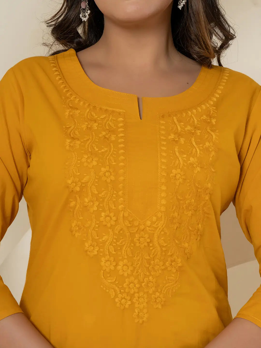 Yufta Women Mustard Chikankari Straight Kurta - Swadesiicart