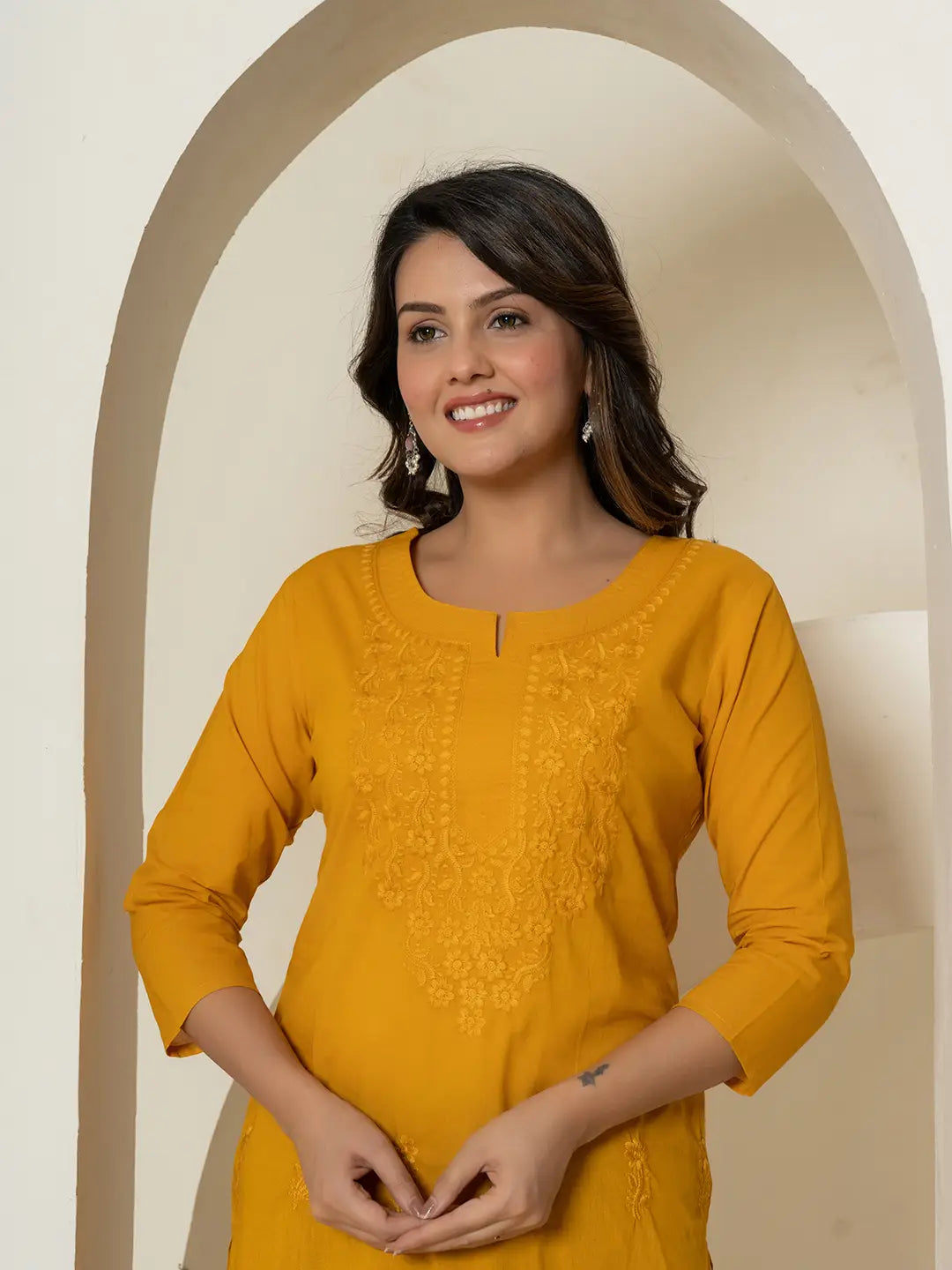 Yufta Women Mustard Chikankari Straight Kurta - Swadesiicart