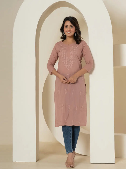 Yufta Women Purple Chikankari Straight Kurta - Swadesiicart