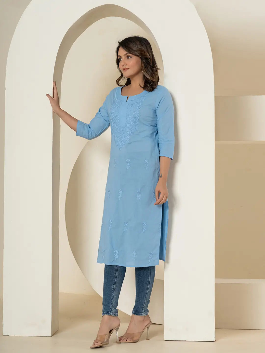 Yufta Women Sky Blue Chikankari Straight Kurta - Swadesiicart