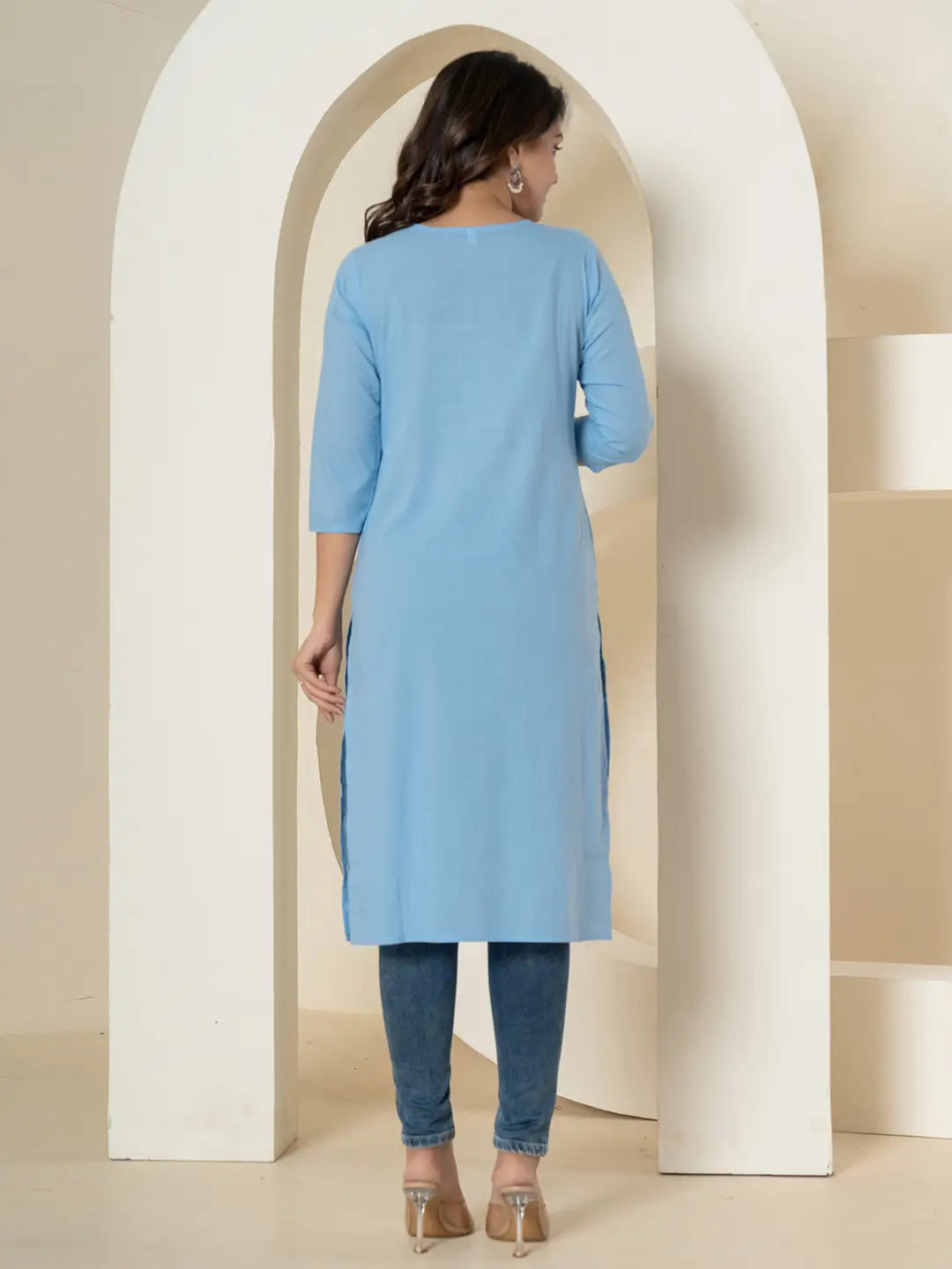 Yufta Women Sky Blue Chikankari Straight Kurta - Swadesiicart