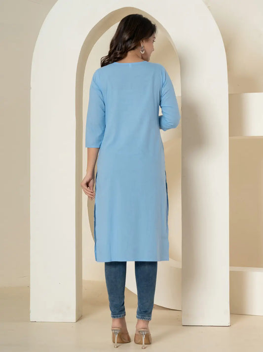 Yufta Women Sky Blue Chikankari Straight Kurta - Swadesiicart