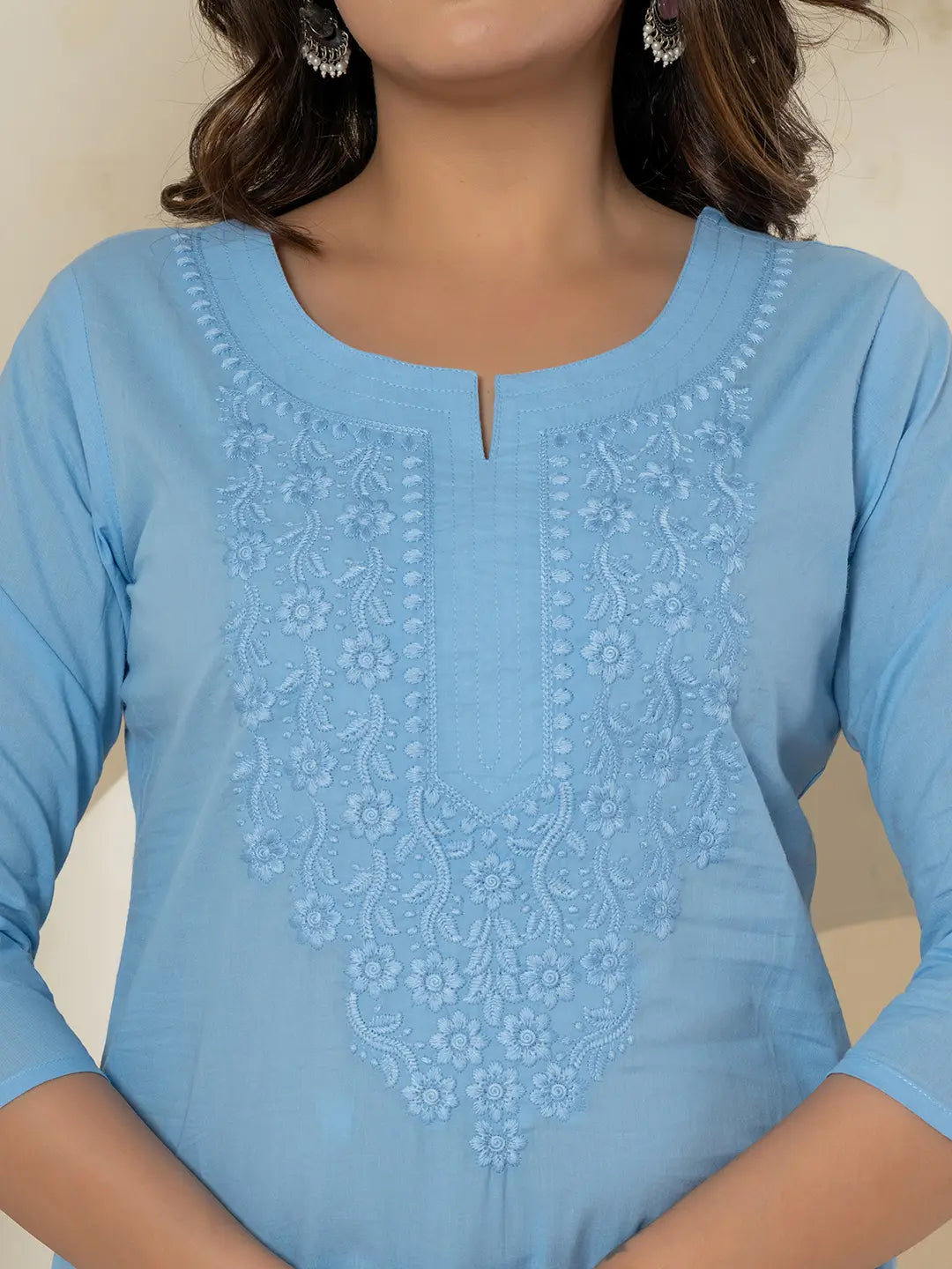 Yufta Women Sky Blue Chikankari Straight Kurta - Swadesiicart