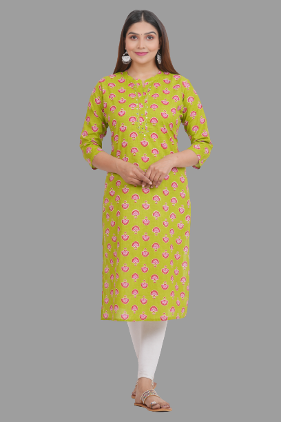 House of RP Women's Green Cotton Floral Print Straight Kurta | Swadesiicart