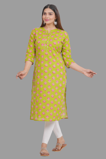 House of RP Women's Green Cotton Floral Print Straight Kurta | Swadesiicart