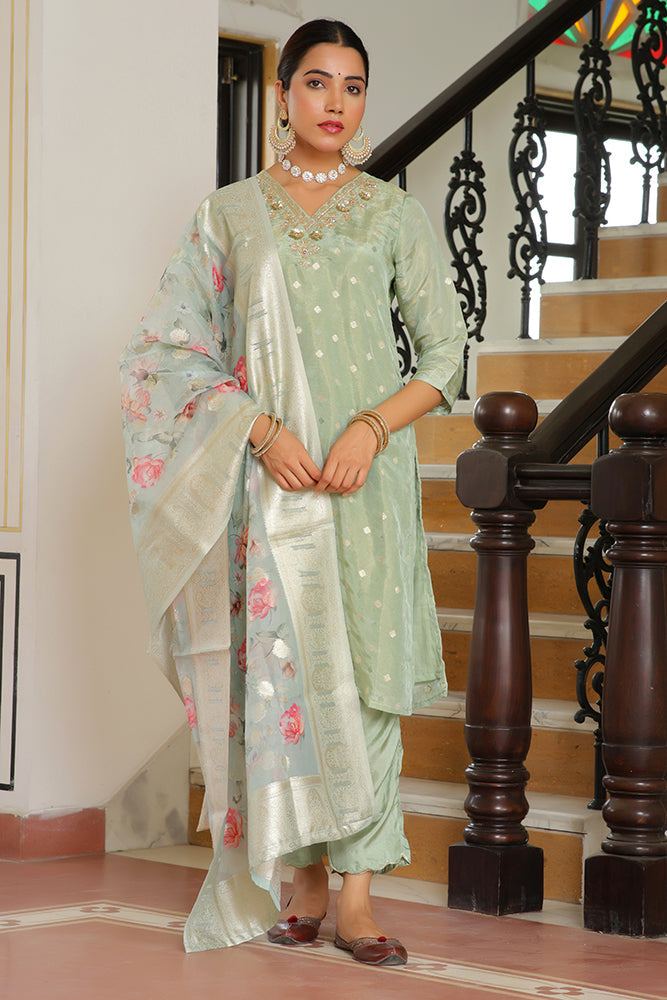 Vaasva Women Aqua Tissue Brocade Embroidered Kurta With Scalloped Pant & Dupatta | Swadesiicart