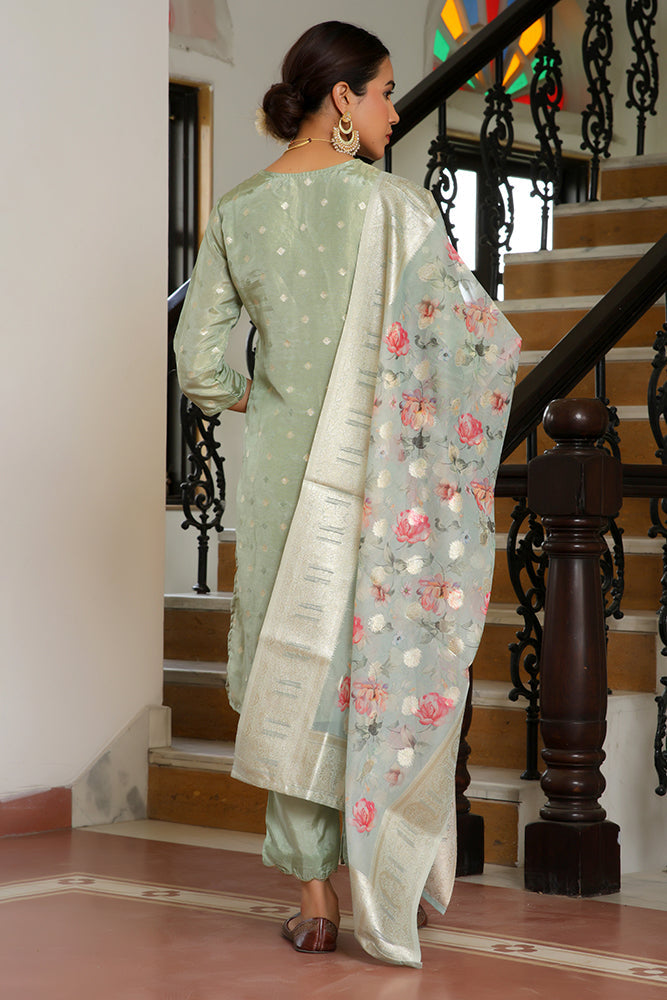 Vaasva Women Aqua Tissue Brocade Embroidered Kurta With Scalloped Pant & Dupatta | Swadesiicart