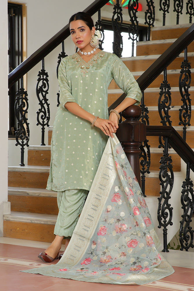 Vaasva Women Aqua Tissue Brocade Embroidered Kurta With Scalloped Pant & Dupatta | Swadesiicart