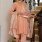 Vaasva Women Peach Tissue Brocade Embroidered Kurta With Scalloped Pant & Dupatta | Swadesiicart