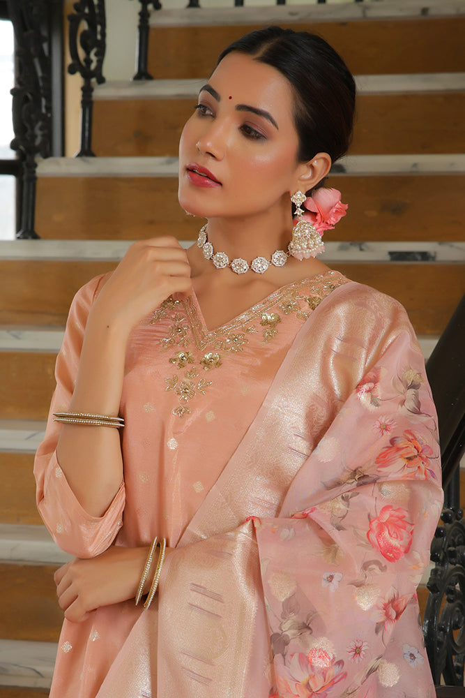Vaasva Women Peach Tissue Brocade Embroidered Kurta With Scalloped Pant & Dupatta | Swadesiicart