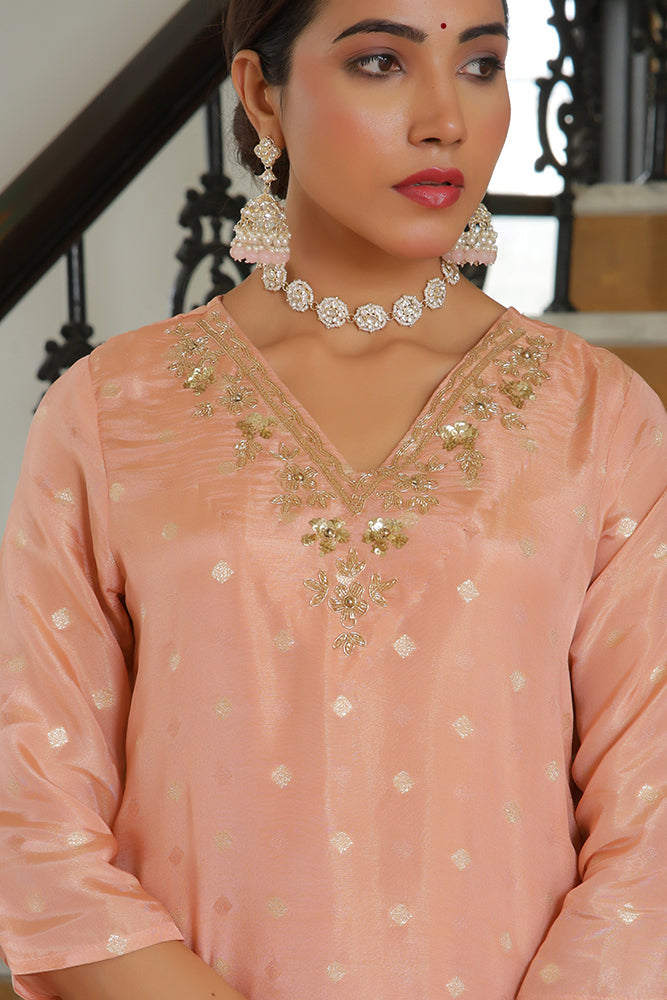 Vaasva Women Peach Tissue Brocade Embroidered Kurta With Scalloped Pant & Dupatta | Swadesiicart