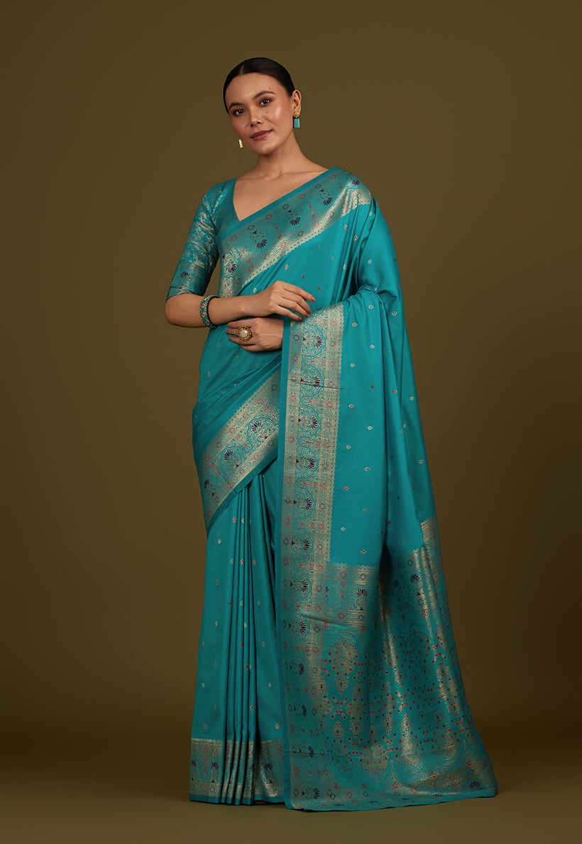 Monjolika Fashion Elegant Cyan Banarasi Silk Blend SareeBrocade Motifs & Zari Woven Splendor | Swadesiicart