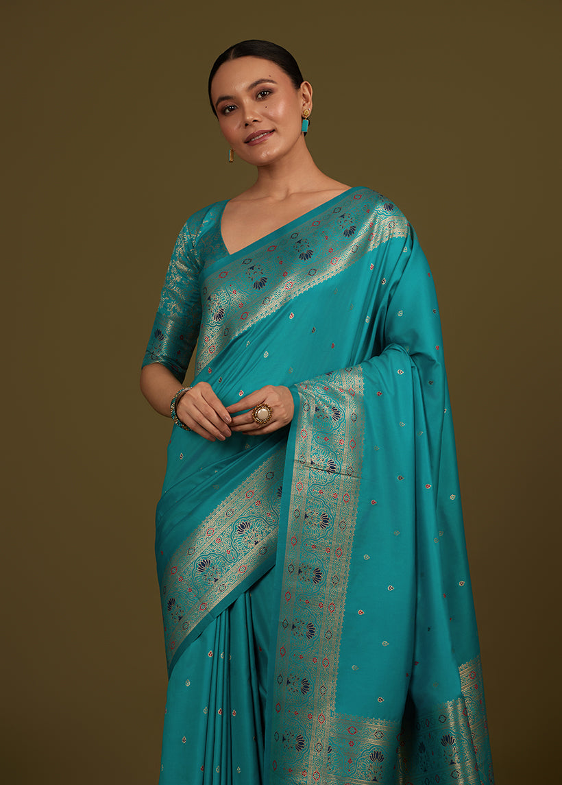 Monjolika Fashion Elegant Cyan Banarasi Silk Blend SareeBrocade Motifs & Zari Woven Splendor | Swadesiicart
