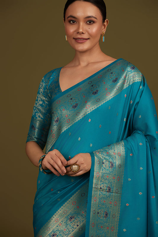 Monjolika Fashion Elegant Cyan Banarasi Silk Blend SareeBrocade Motifs & Zari Woven Splendor | Swadesiicart