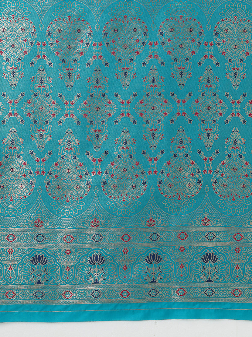 Monjolika Fashion Elegant Cyan Banarasi Silk Blend SareeBrocade Motifs & Zari Woven Splendor | Swadesiicart