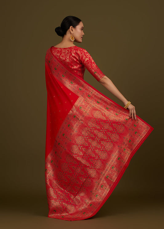 Monjolika Fashion Elegant Red Banarasi Silk Blend SareeBrocade Motifs & Zari Woven Splendor | Swadesiicart