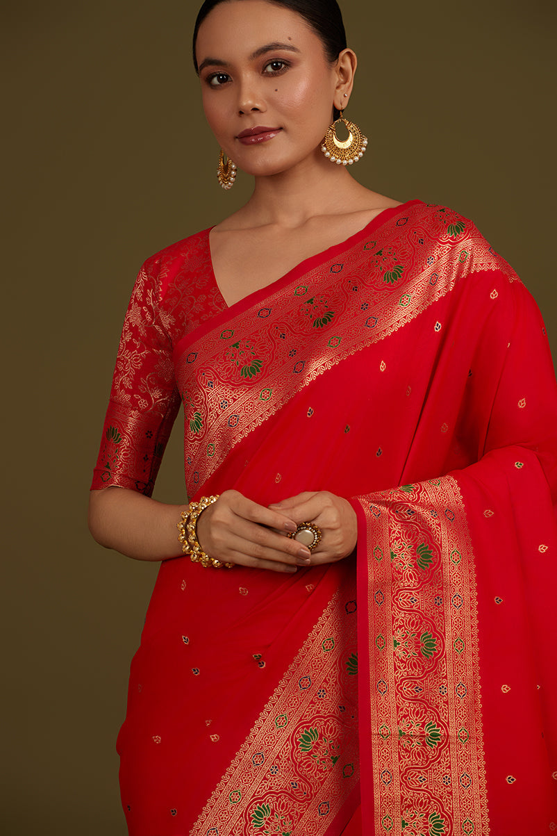 Monjolika Fashion Elegant Red Banarasi Silk Blend SareeBrocade Motifs & Zari Woven Splendor | Swadesiicart