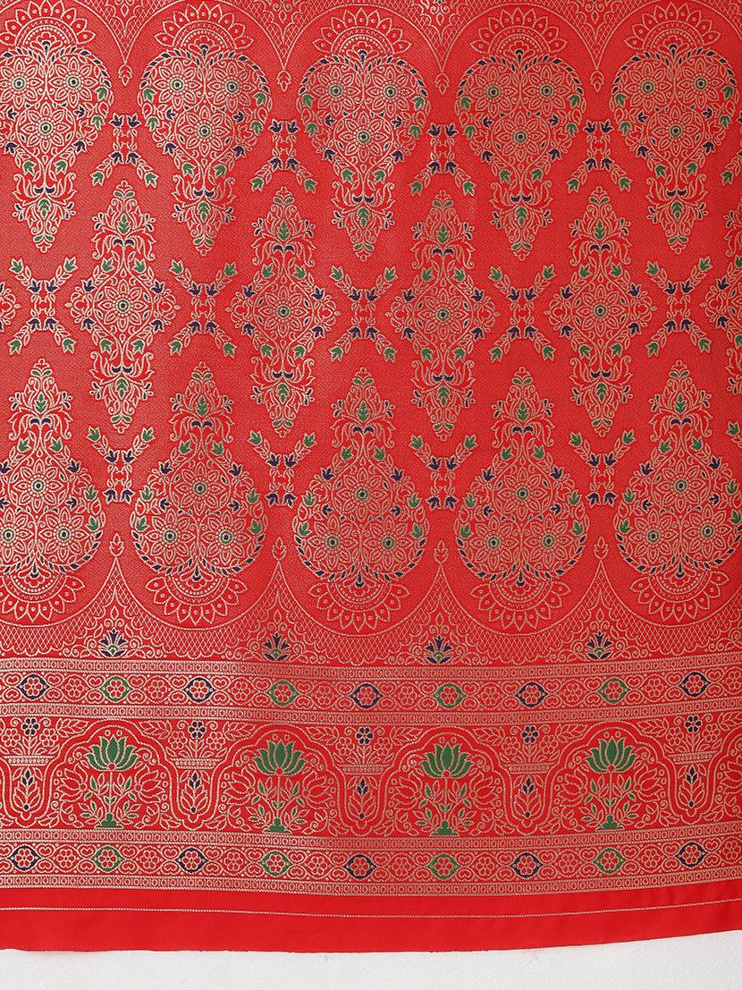 Monjolika Fashion Elegant Red Banarasi Silk Blend SareeBrocade Motifs & Zari Woven Splendor | Swadesiicart