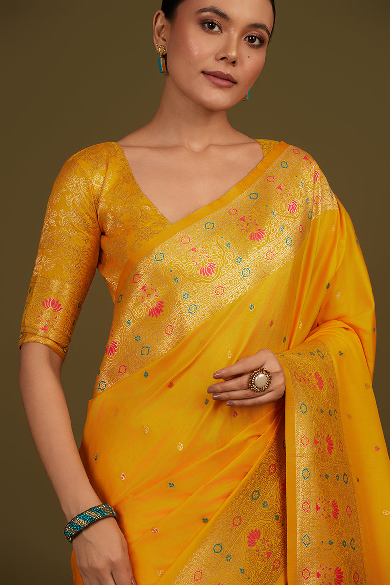 Monjolika Fashion Elegant Yellow Banarasi Silk Blend SareeBrocade Motifs & Zari Woven Splendor | Swadesiicart