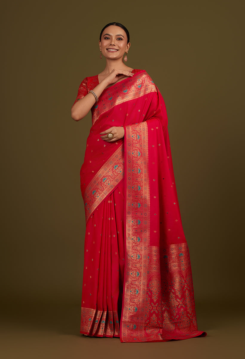 Monjolika Fashion Elegant Hot Pink Banarasi Silk Blend SareeBrocade Motifs & Zari Woven Splendor | Swadesiicart