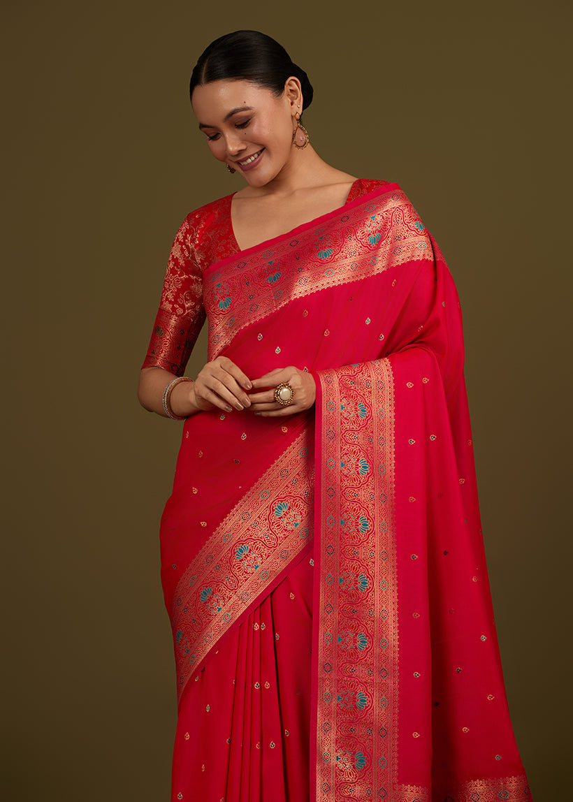 Monjolika Fashion Elegant Hot Pink Banarasi Silk Blend SareeBrocade Motifs & Zari Woven Splendor | Swadesiicart