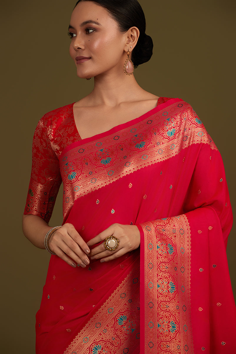 Monjolika Fashion Elegant Hot Pink Banarasi Silk Blend SareeBrocade Motifs & Zari Woven Splendor | Swadesiicart