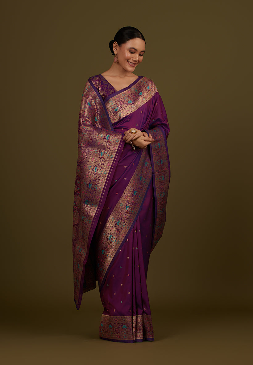 Monjolika Fashion Elegant Dark Purple Banarasi Silk Blend SareeBrocade Motifs & Zari Woven Splendor | Swadesiicart