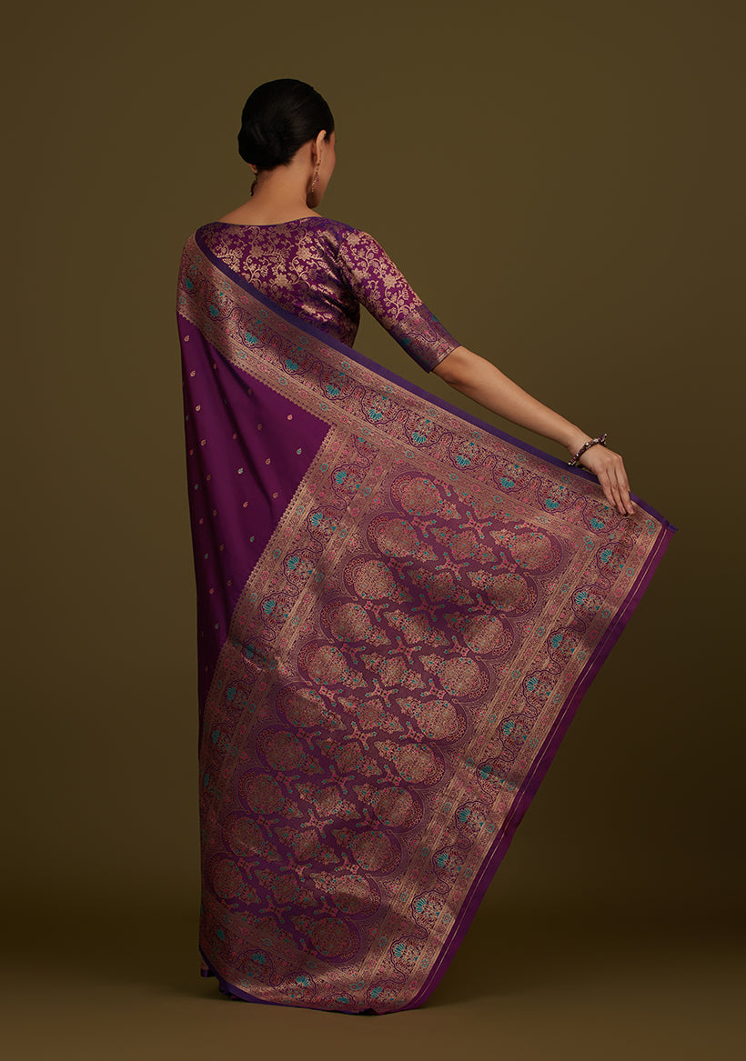 Monjolika Fashion Elegant Dark Purple Banarasi Silk Blend SareeBrocade Motifs & Zari Woven Splendor | Swadesiicart