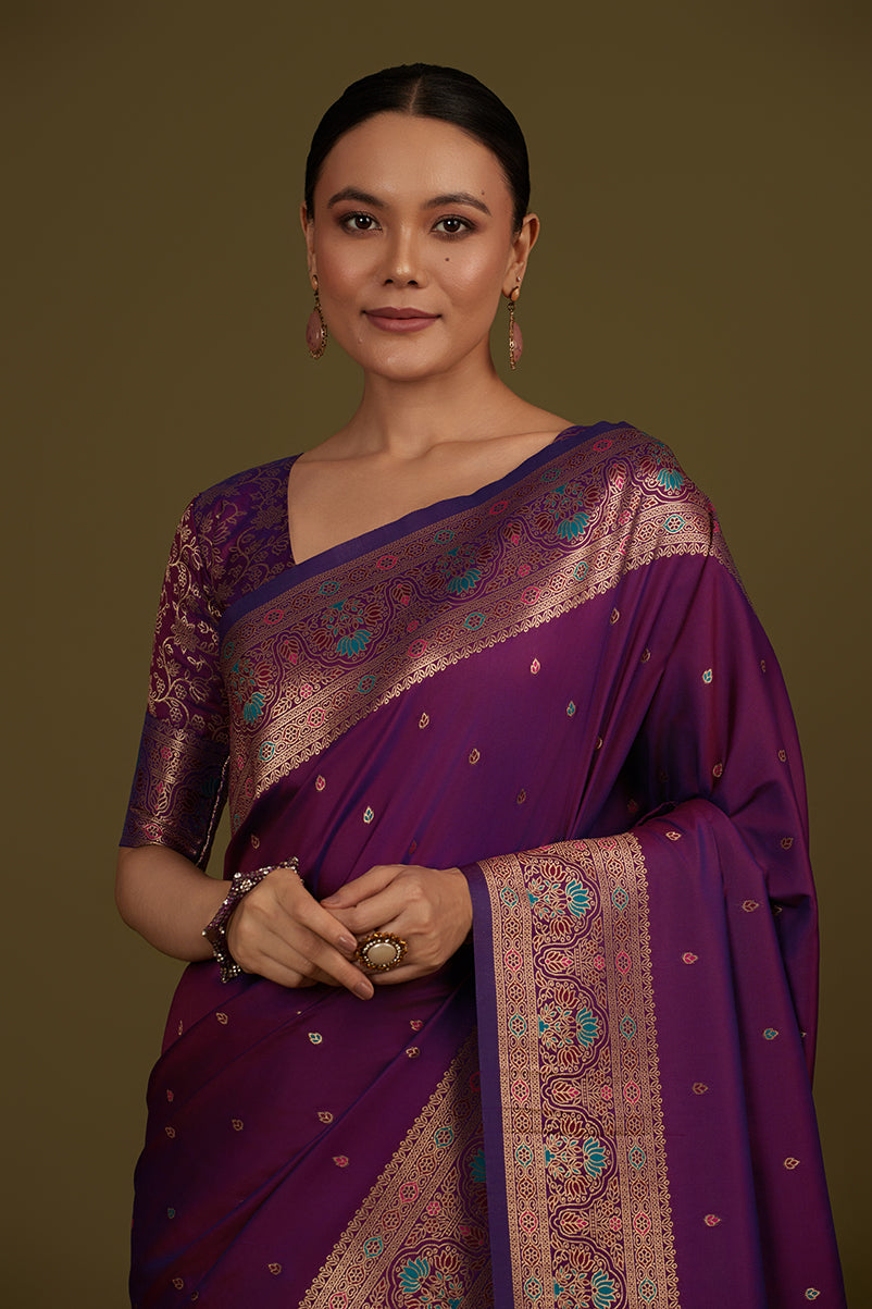 Monjolika Fashion Elegant Dark Purple Banarasi Silk Blend SareeBrocade Motifs & Zari Woven Splendor | Swadesiicart