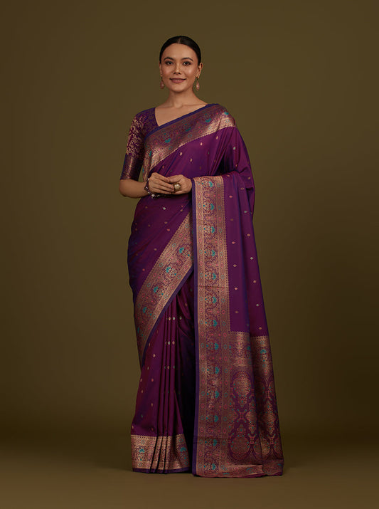 Monjolika Fashion Elegant Dark Purple Banarasi Silk Blend SareeBrocade Motifs & Zari Woven Splendor | Swadesiicart