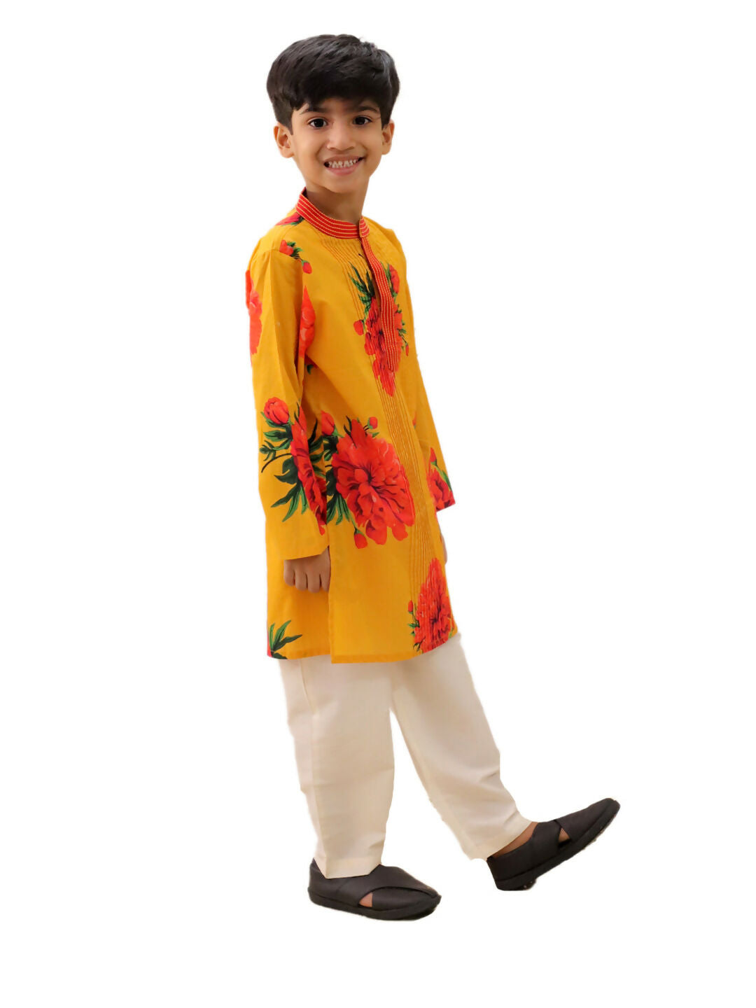 Lil Drama Genda Phool Mustard Kurta and White Pant Set for Boys | Swadesiicart