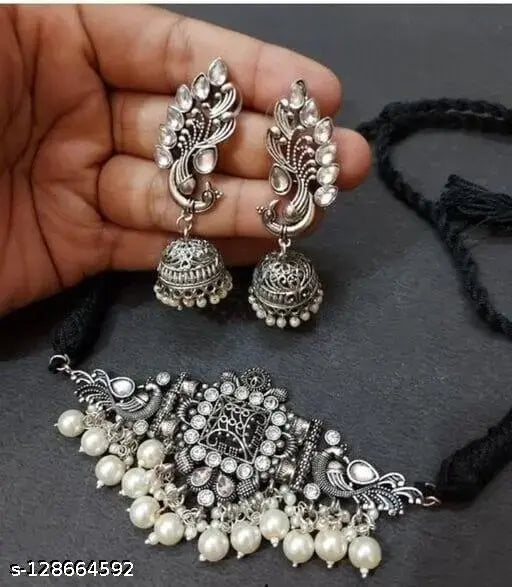 Tehzeeb Creations Women's Silver Colour Peacock Design Necklace And Earrings - Swadesiicart