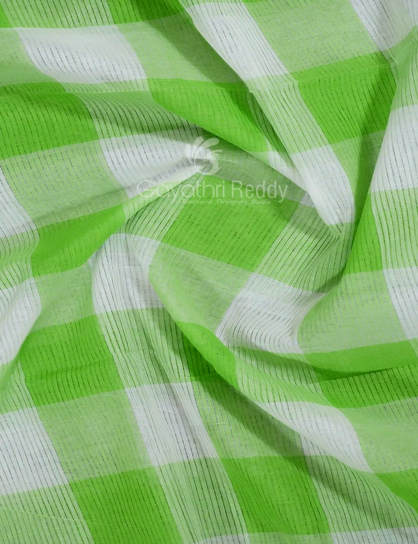 Cream And Neon Green With Checks Pure Mangalgiri Cotton Saree By Gayathri Reddy Designer Studio | Swadesiicart