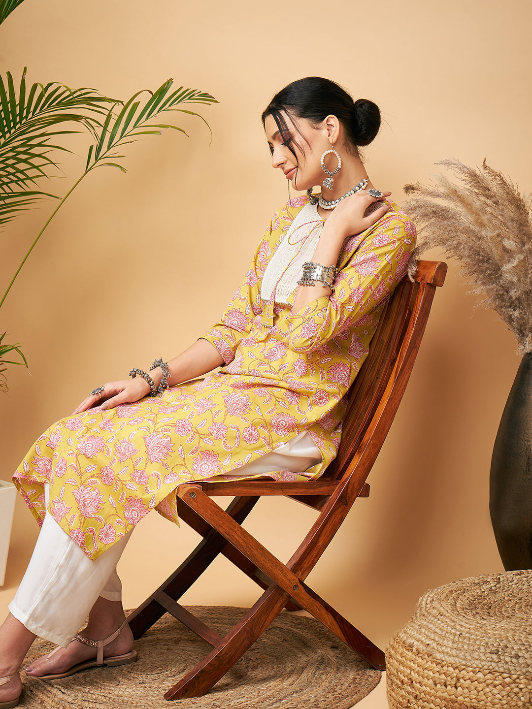 InWeave Women's Lime Pink Print Patch Cotton Straight Kurta Pant Set - Swadesiicart