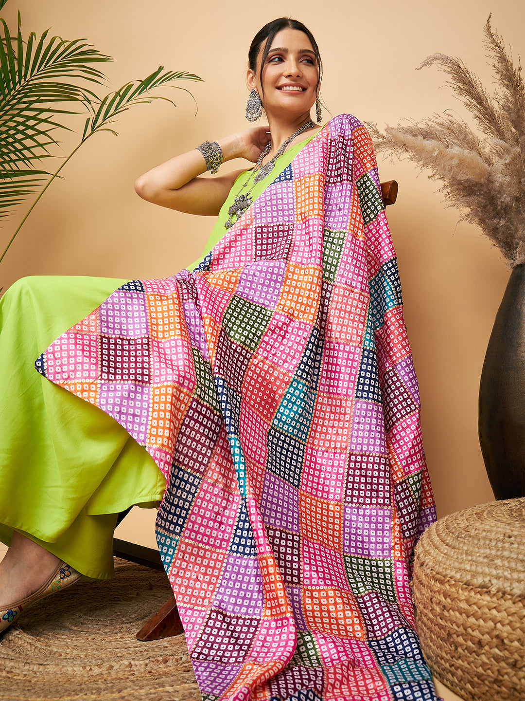 InWeave Women's Lime Green Strappy Set W Square Bandhani Print Silk Dupatta - Swadesiicart