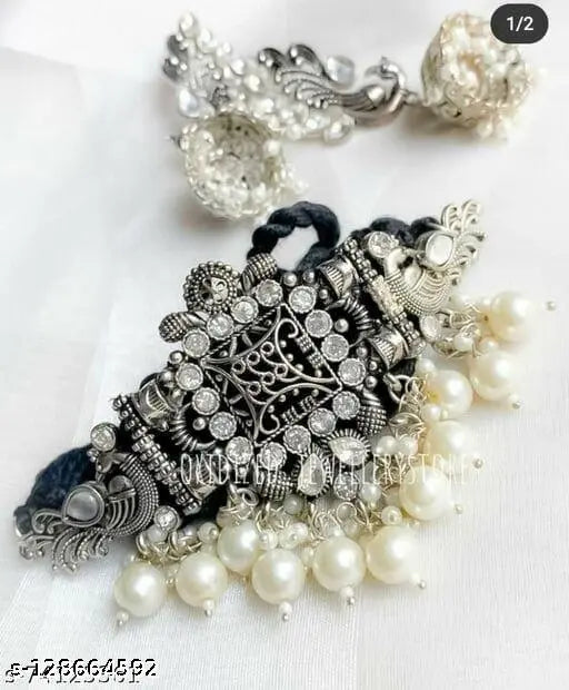 Tehzeeb Creations Women's Silver Colour Peacock Design Necklace And Earrings - Swadesiicart